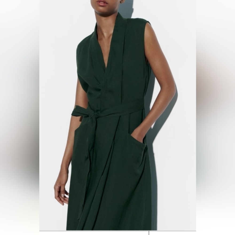 ZARA Belted Midi Linen Blend Dress Sz-XL - Picture 2 of 12